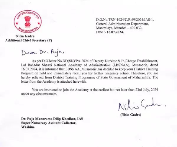 Puja Khedkar's suspended Letter