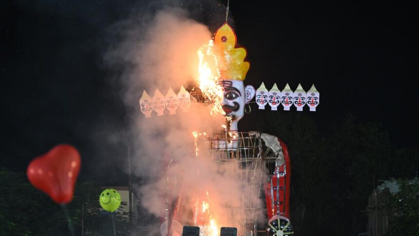 80-feet Ravana effigy burnt with pollution-free green crackers at National Dussehra Fair in Kota