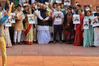 INDIA bloc MPs protest over Adani issue in Parliament complex