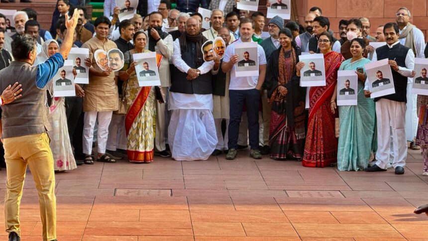 INDIA bloc MPs protest over Adani issue in Parliament complex