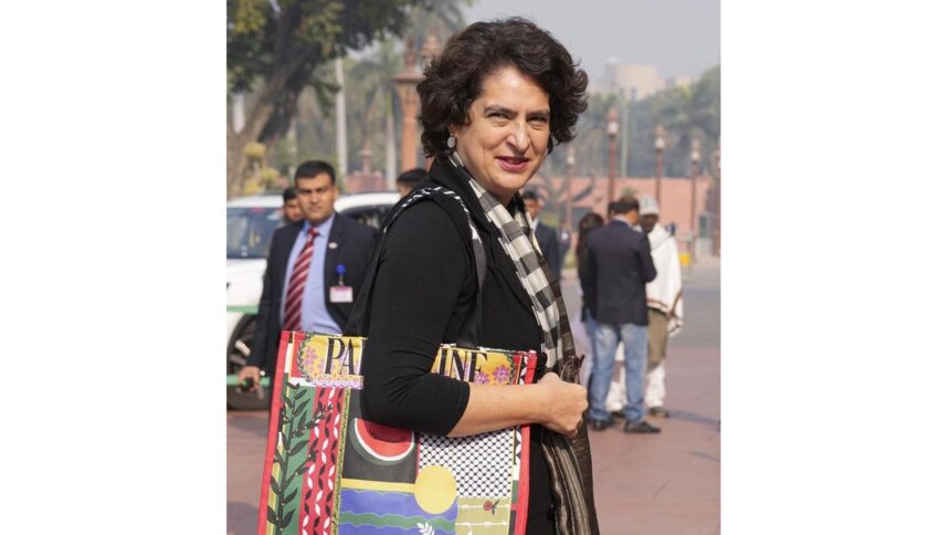 Priyanka Gandhi expresses solidarity by carrying bag emblazoned with ‘Palestine’ to Parliament